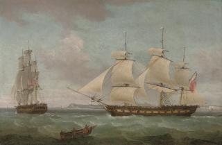 Thomas Whitcombe - An East Indiaman in two positions off Dover, with the pilot cutter approaching off her starboard bow