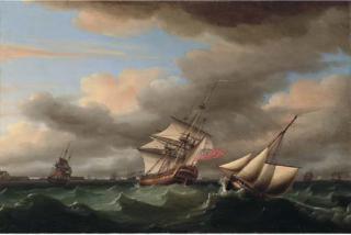 Thomas Whitcombe - H.M.S. Crown and her squadron running up the Channel towards Deal where other ships of the fleet are anchored offshore