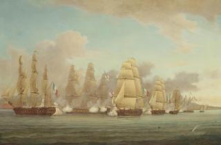 Thomas Whitcombe - H.M.S. Spartan engaging a French squadron in the Bay of Naples and capturing the brig Sparvière, 3rd May 1810