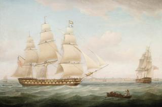Thomas Whitcombe - The East Indiaman, The Marquis of Ely, in two positions off Fort St. George, Madras