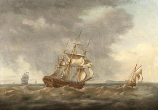 Thomas Whitcombe - The Mercury of London, a merchantman and other shipping offshore; Two frigates in the Channel off Dover, a pair each 53.3 x 76.5cm (21 x 30 1/8in). (2)