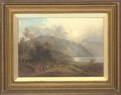 Thomas Whittle - A drover and his cattle on a country track, beside a lake