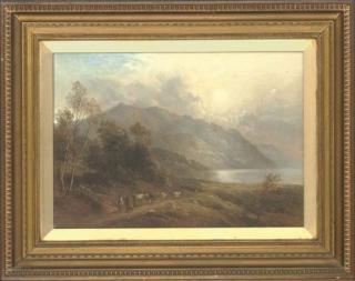 Thomas Whittle - A drover and his cattle on a country track, beside a lake