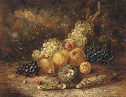 Thomas Whittle - Grapes, pears, apples, a peach and a bird\'s nest with eggs, on a mossy bank