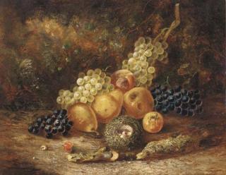 Thomas Whittle - Grapes, pears, apples, a peach and a bird\'s nest with eggs, on a mossy bank