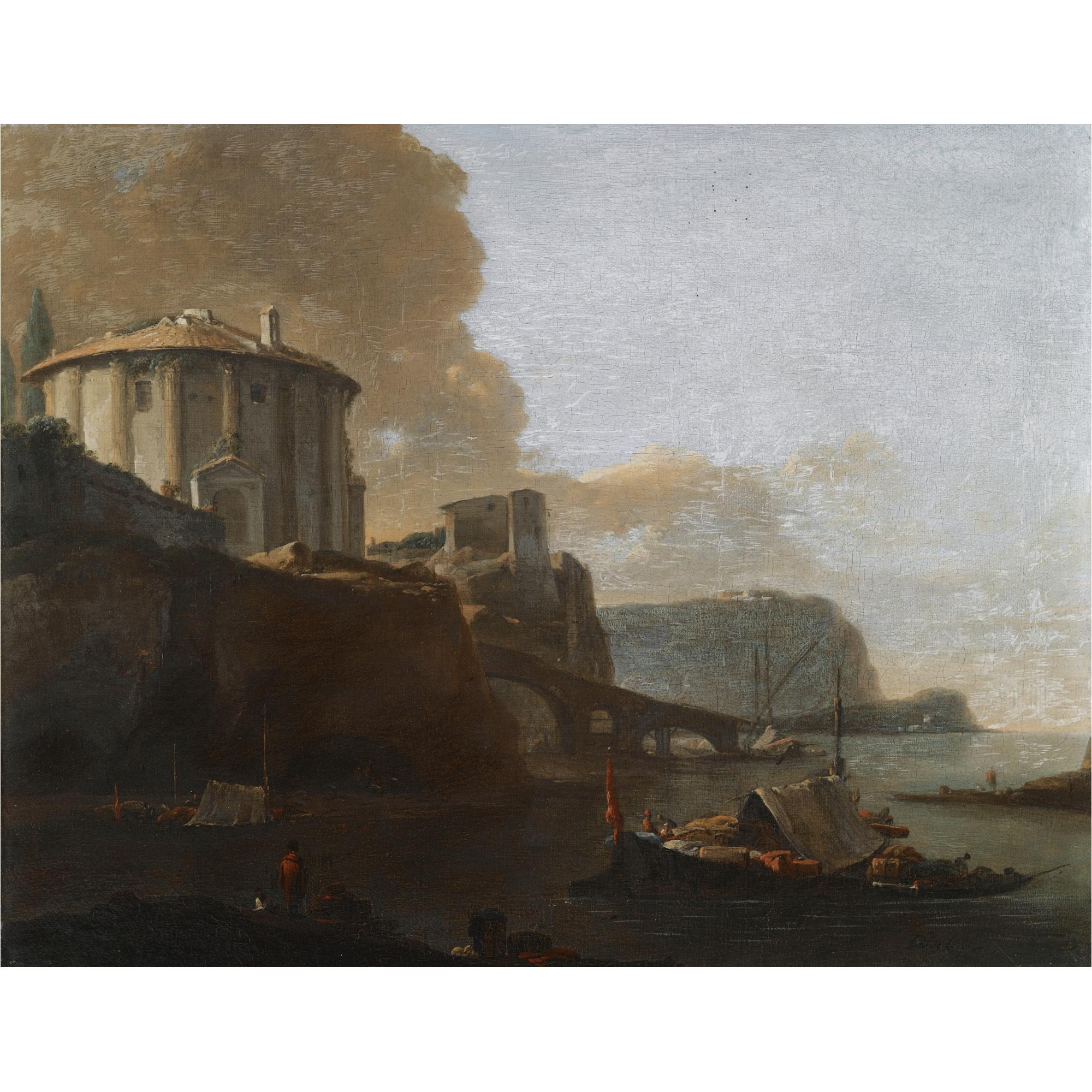 Thomas Wijck - A Capriccio Of A Mediterranean Bay At Sunset, With The Temple Of Vesta In Rome