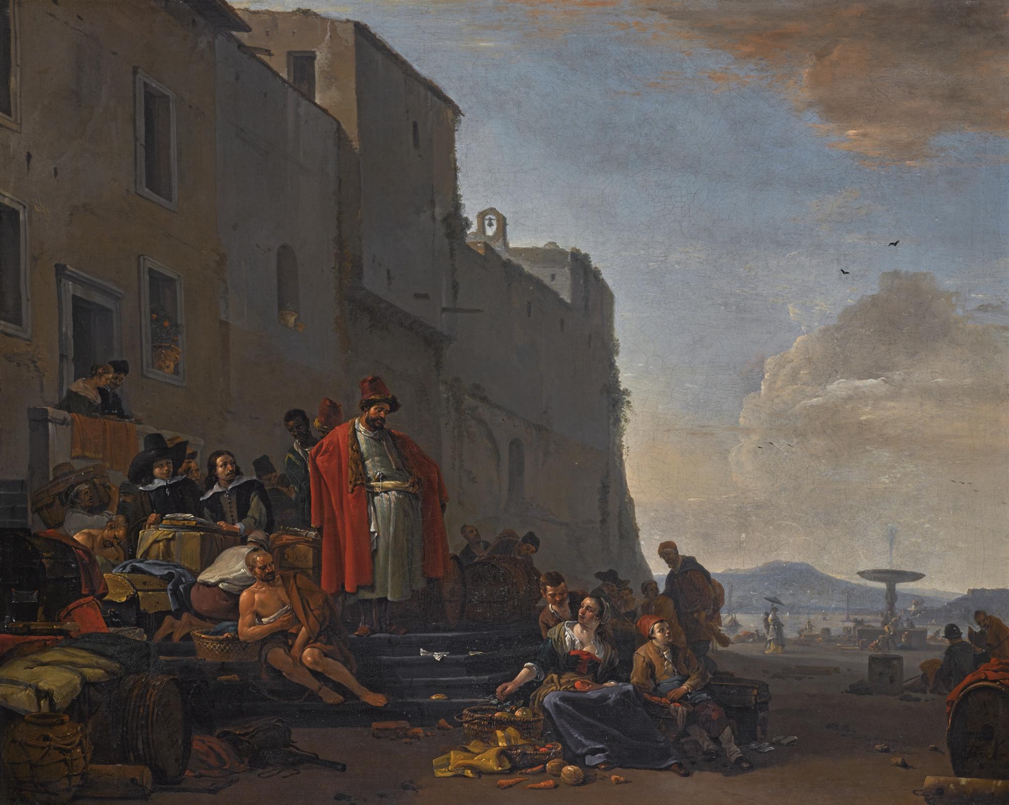 Thomas Wijck - A Mediterranean Harbour Scene With Oriental Merchants