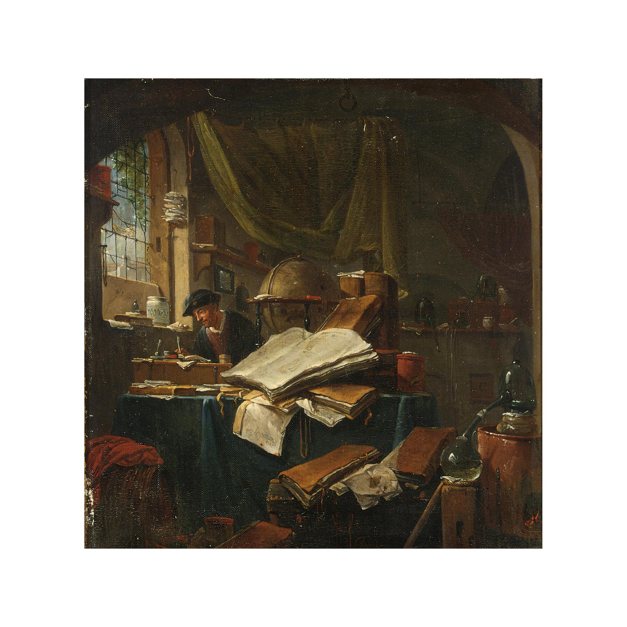 Thomas Wijck - An Alchemist In His Study, A Still Life Of Books, Pots And Pans And Books In The Foreground