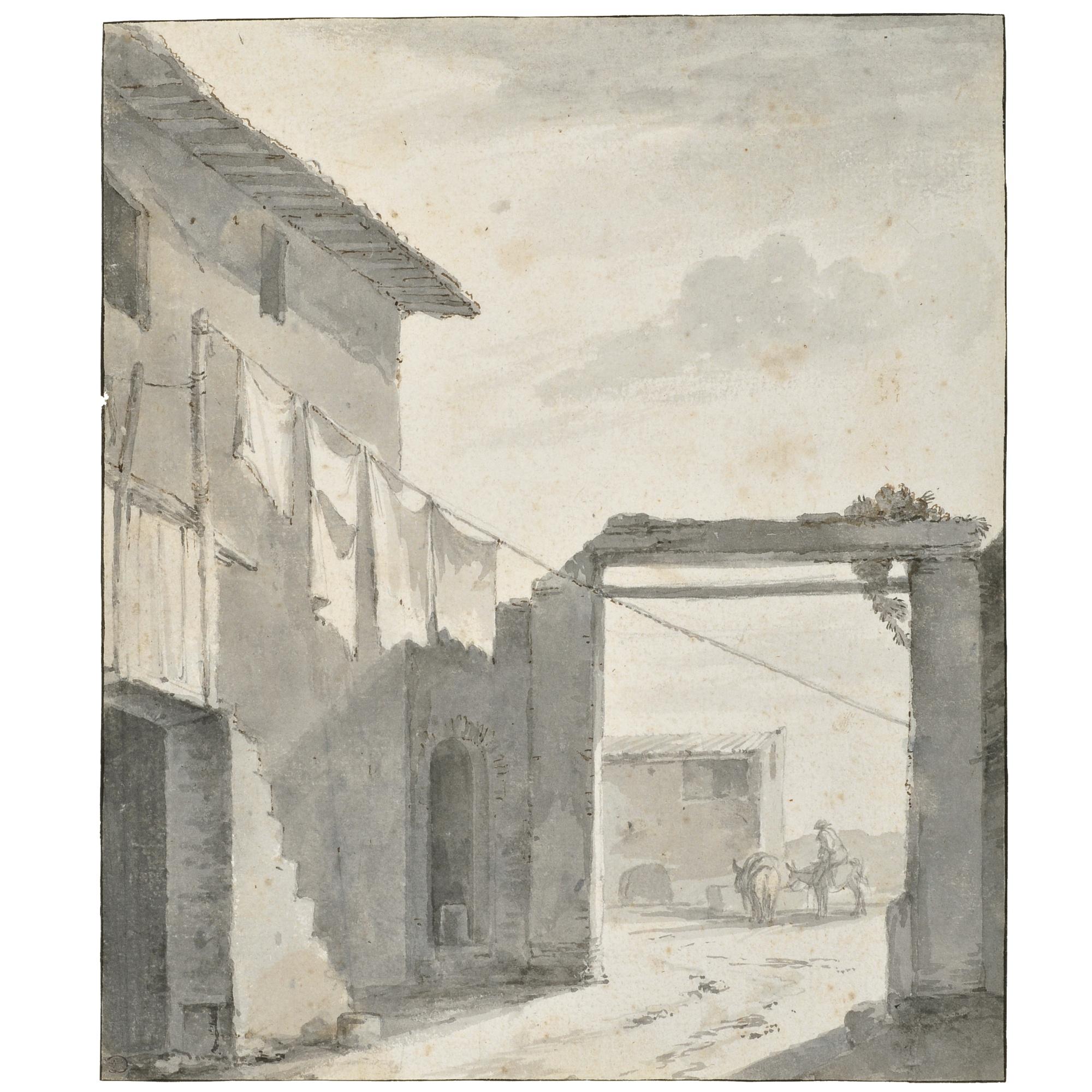 Thomas Wijck - An Italianate Courtyard, With Washing Hung Out To Dry  