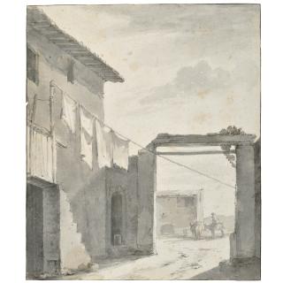 Thomas Wijck - An Italianate Courtyard, With Washing Hung Out To Dry  