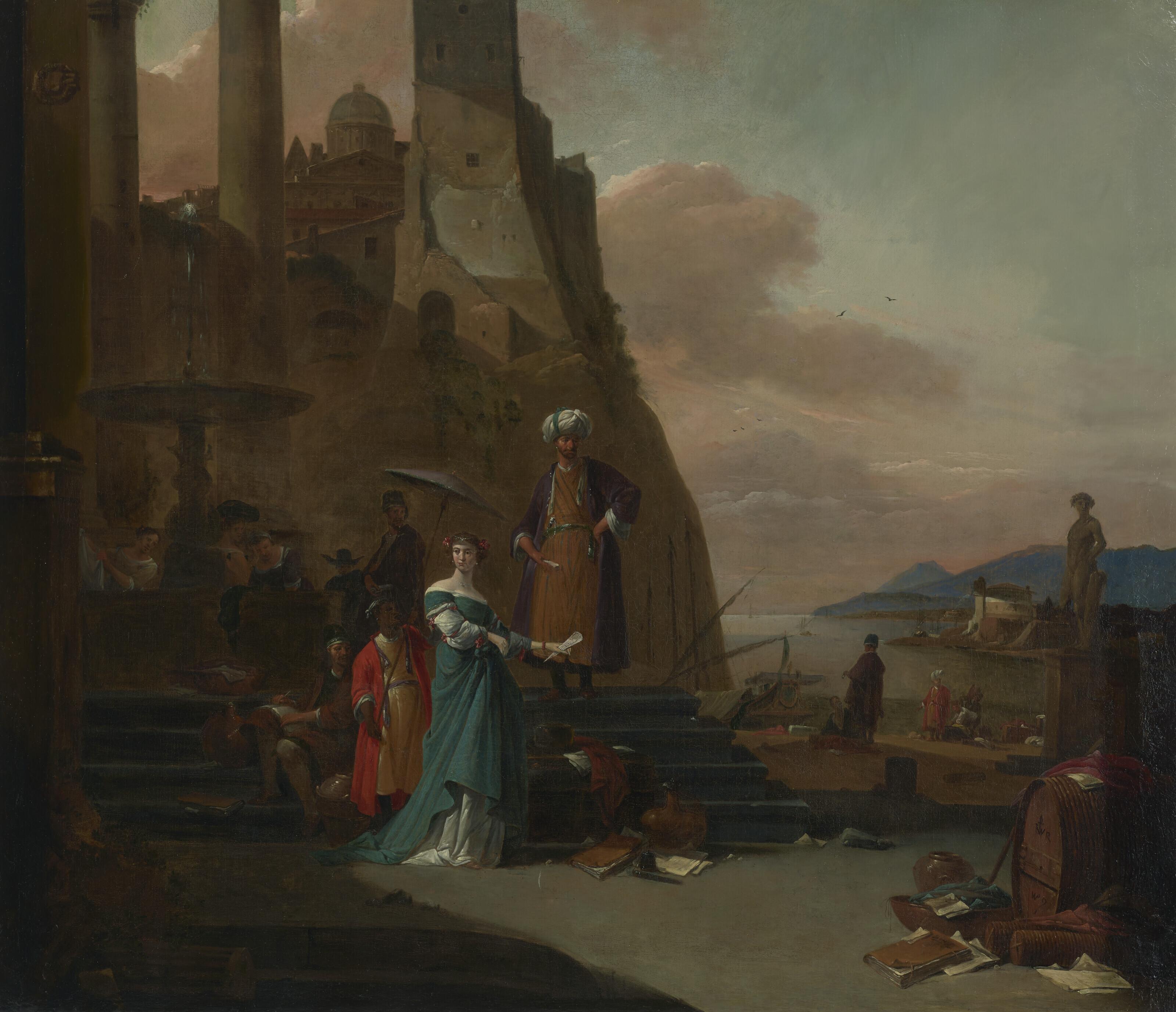 Thomas Wijck - Elegant figures, including a man in Turkish dress, on the quay of a Mediterranean port