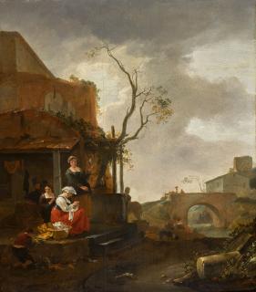 Thomas Wijck - Figures Outside A Tavern With A Woman Sewing, Travellers On A Bridge Beyond