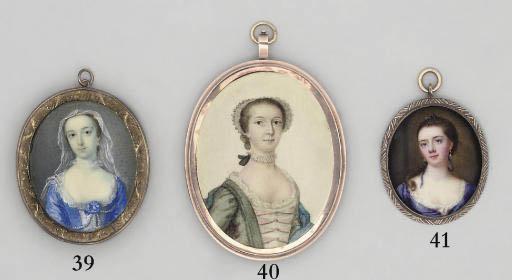 Thomas Worlidge - A young lady, in lace-bordered blue dress, white bodice with pink ribbons tied at front, blue shawl, white lace cap in her upswept brown hair, wearing a three-strand pearl choker tied at the back with a black ribbon