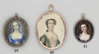Thomas Worlidge - A young lady, in lace-bordered blue dress, white bodice with pink ribbons tied at front, blue shawl, white lace cap in her upswept brown hair, wearing a three-strand pearl choker tied at the back with a black ribbon