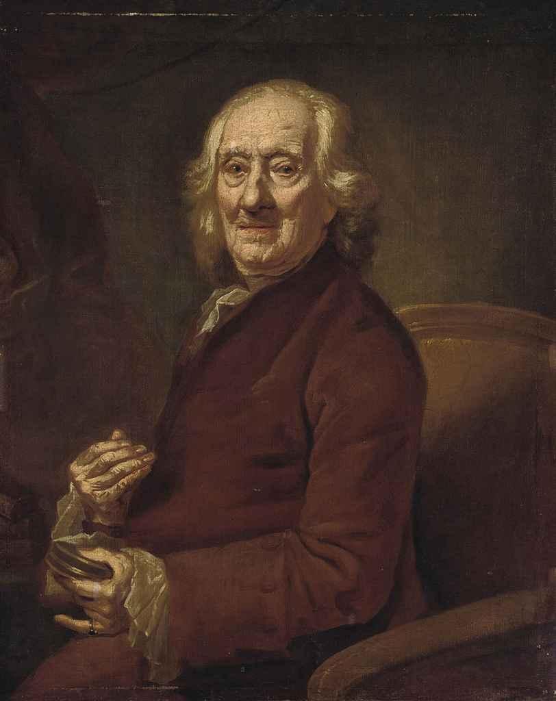 Thomas Worlidge - Portrait of an old man, half-length, seated in a brown coat, a snuff box in his left hand
