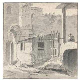 Thomas Wyck - An Italian Courtyard With A Gateway And Seated Figure