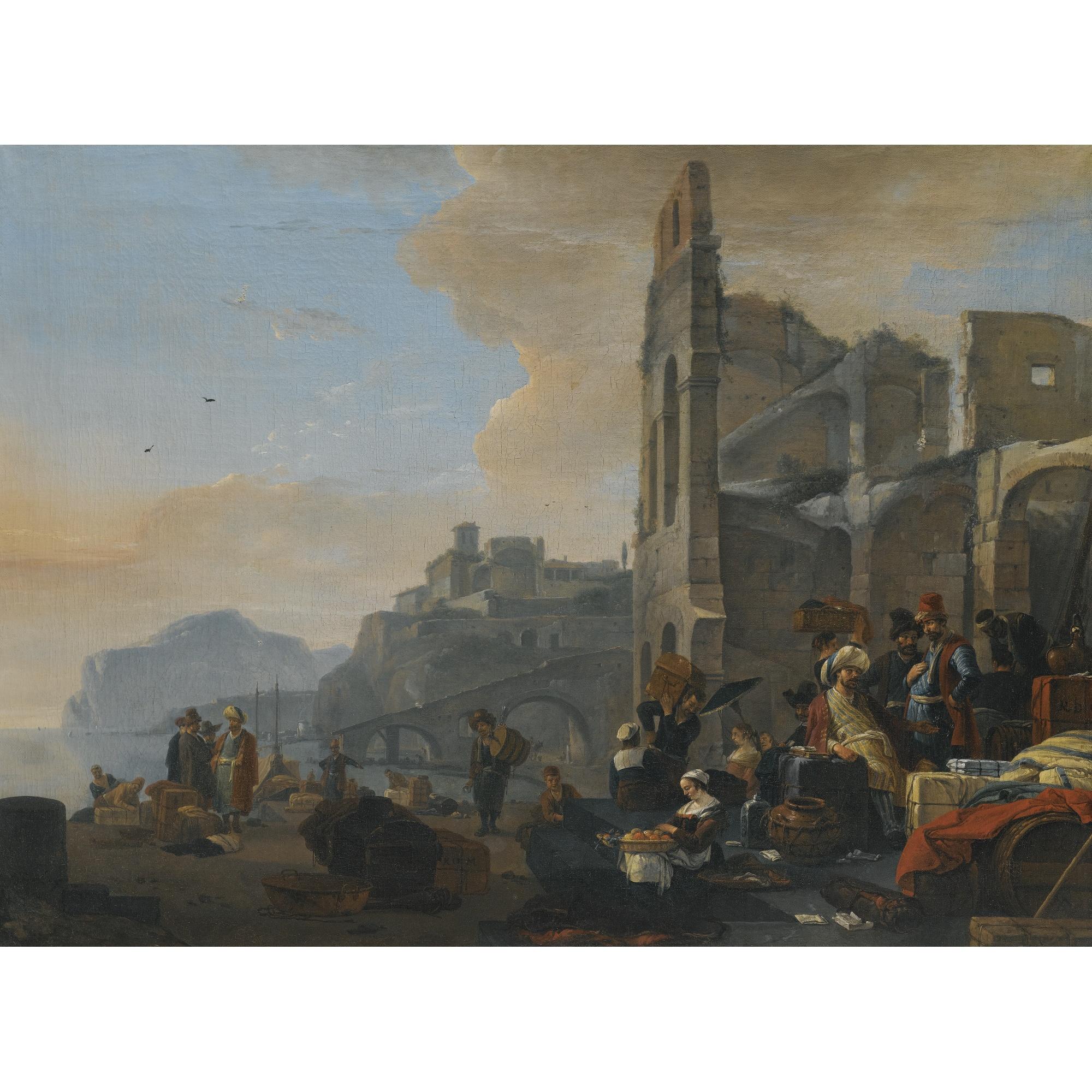 Thomas Wyck - An Italianate Coastal Landscape With Figures In Oriental Dress At Market
