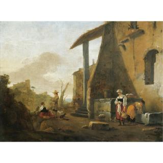 Thomas Wyck - An Italianate Landscape With Figures Beside A Well Before A Villa