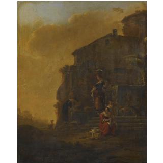 Thomas Wyck - An Italianate Landscape With Washerwomen In The Foreground