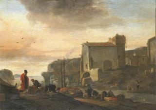 Thomas Wyck - An Italianate port with stevedores unloading a ship in the foreground