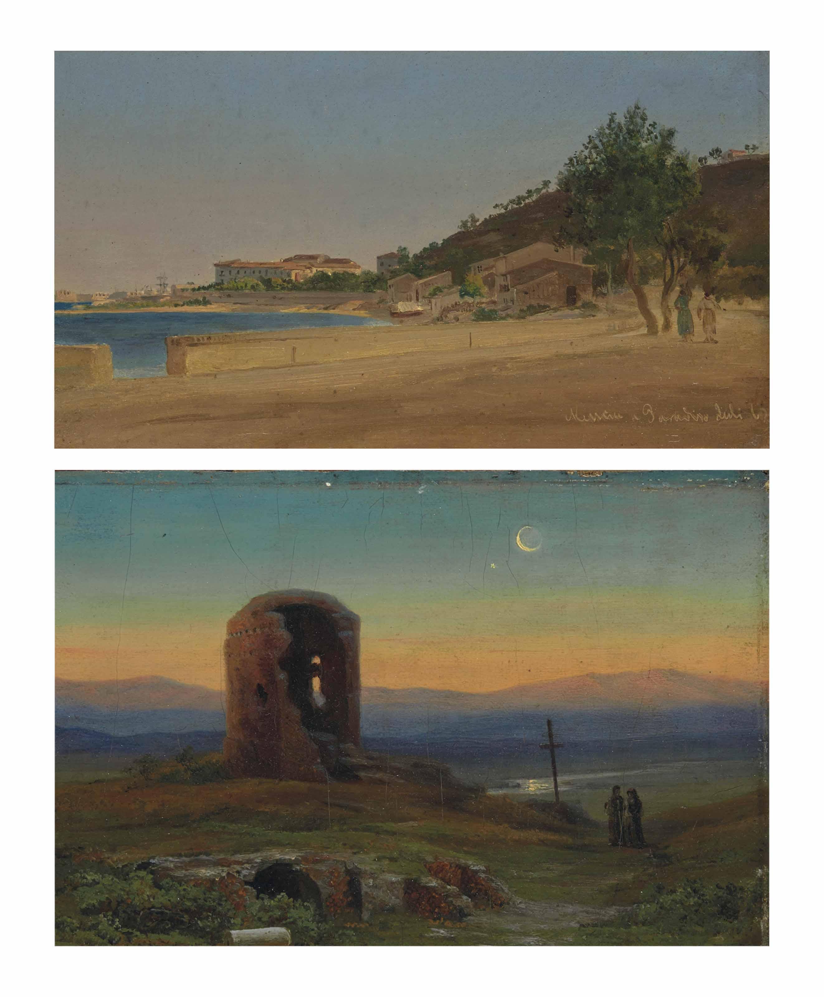 Thorald Laessøe - Vue de Messine (1) ;  et  Ruines dans la campagne romaine  ou  Torre del Diavolo (2)