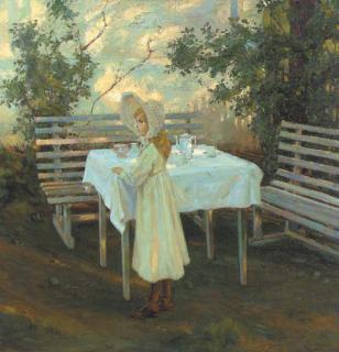 Thorolf Holmboe - A young girl preparing the table for tea in the garden