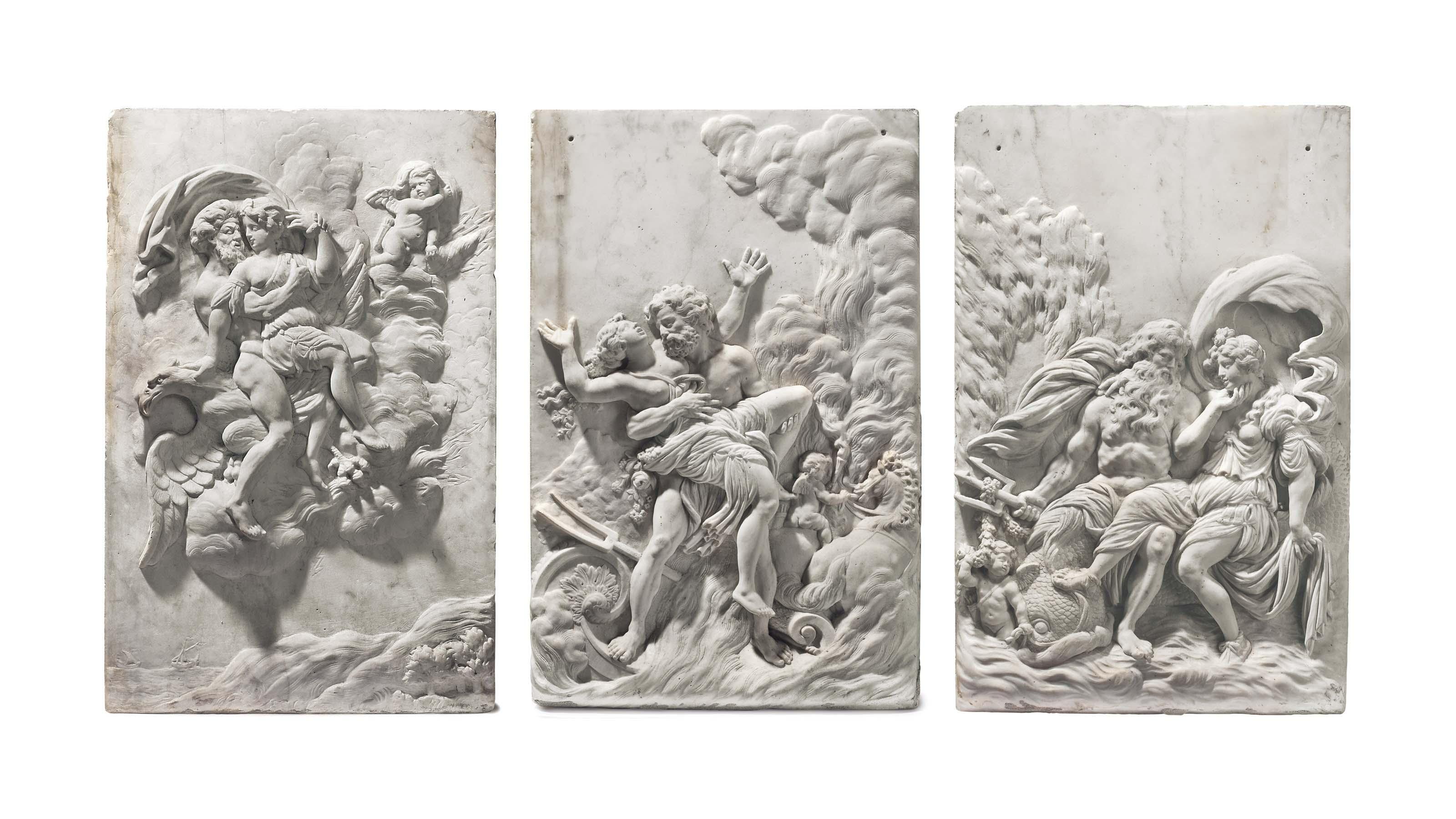 Three Allegorical Marble Relief Panels