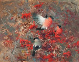 Thure Wallner - Bullfinches in a rowan tree