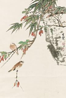 Tian Shiguang - Orange Trumpet Flowers and Bird