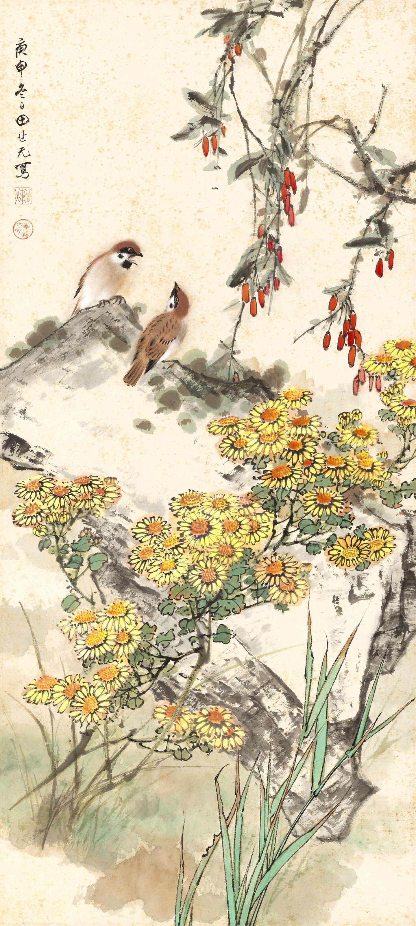 Tian Shiguang - Sparrows and Chrysanthemum