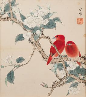 Tian Shiguang - Two Red Sparrows and White Camellia