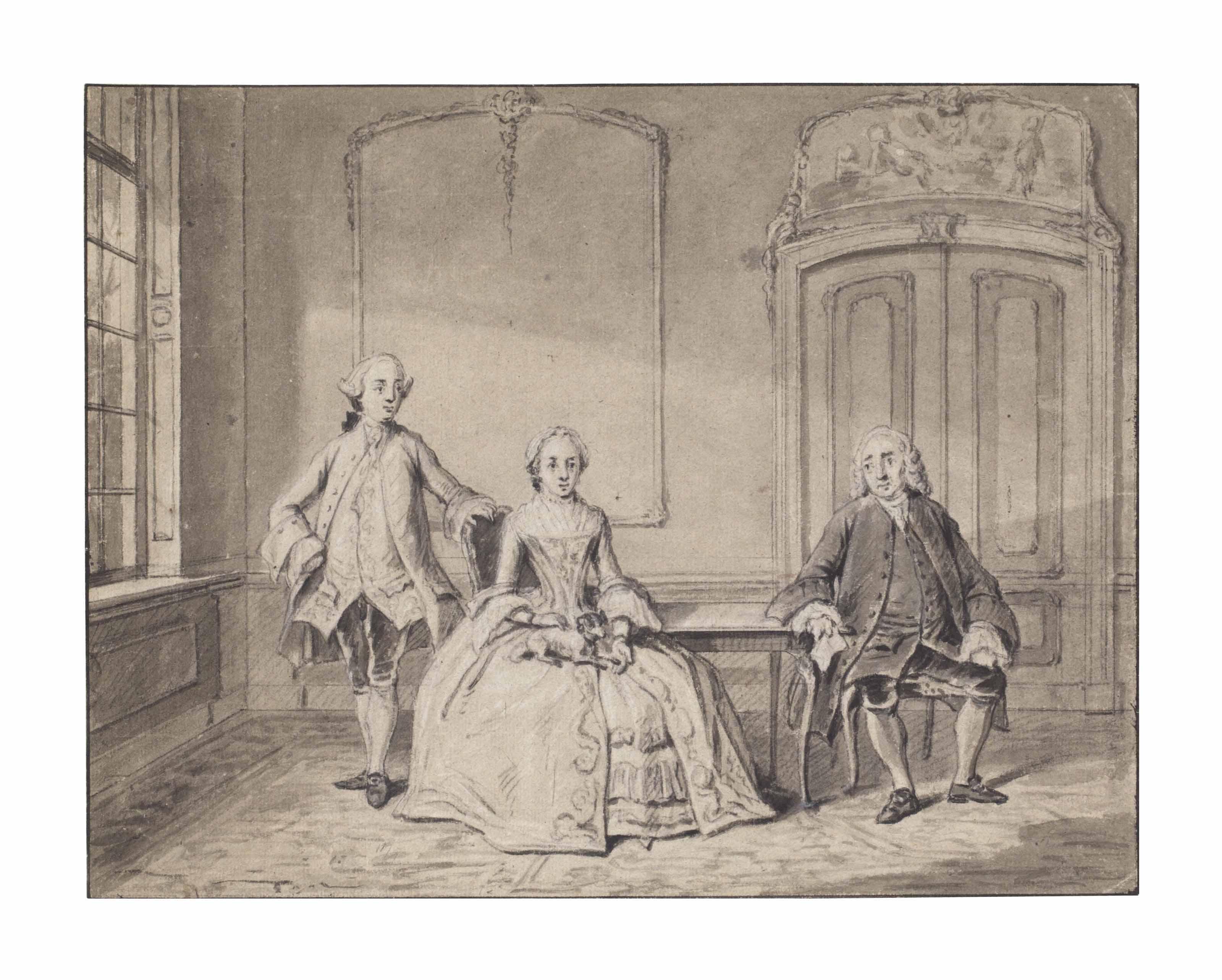 Tibout Regters - A group portrait in an interior: Cornelis van den Broek, his wife Lucia Cornelia Allard and their son Cornelis van den Broek