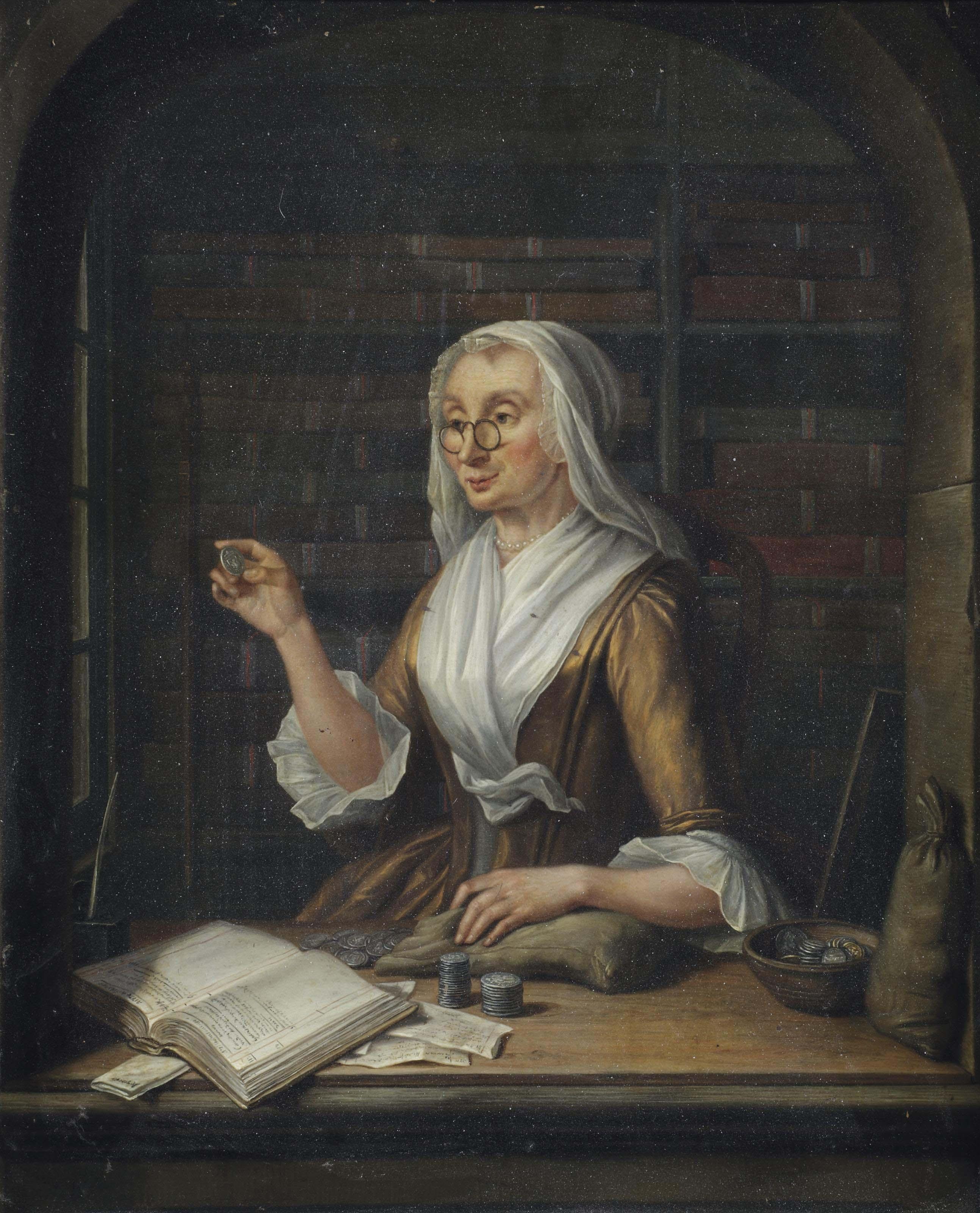 Tibout Regters - A woman counting money in a niche, an archive in the background