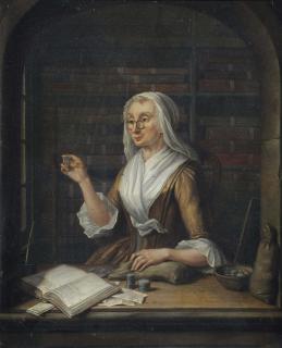 Tibout Regters - A woman counting money in a niche, an archive in the background