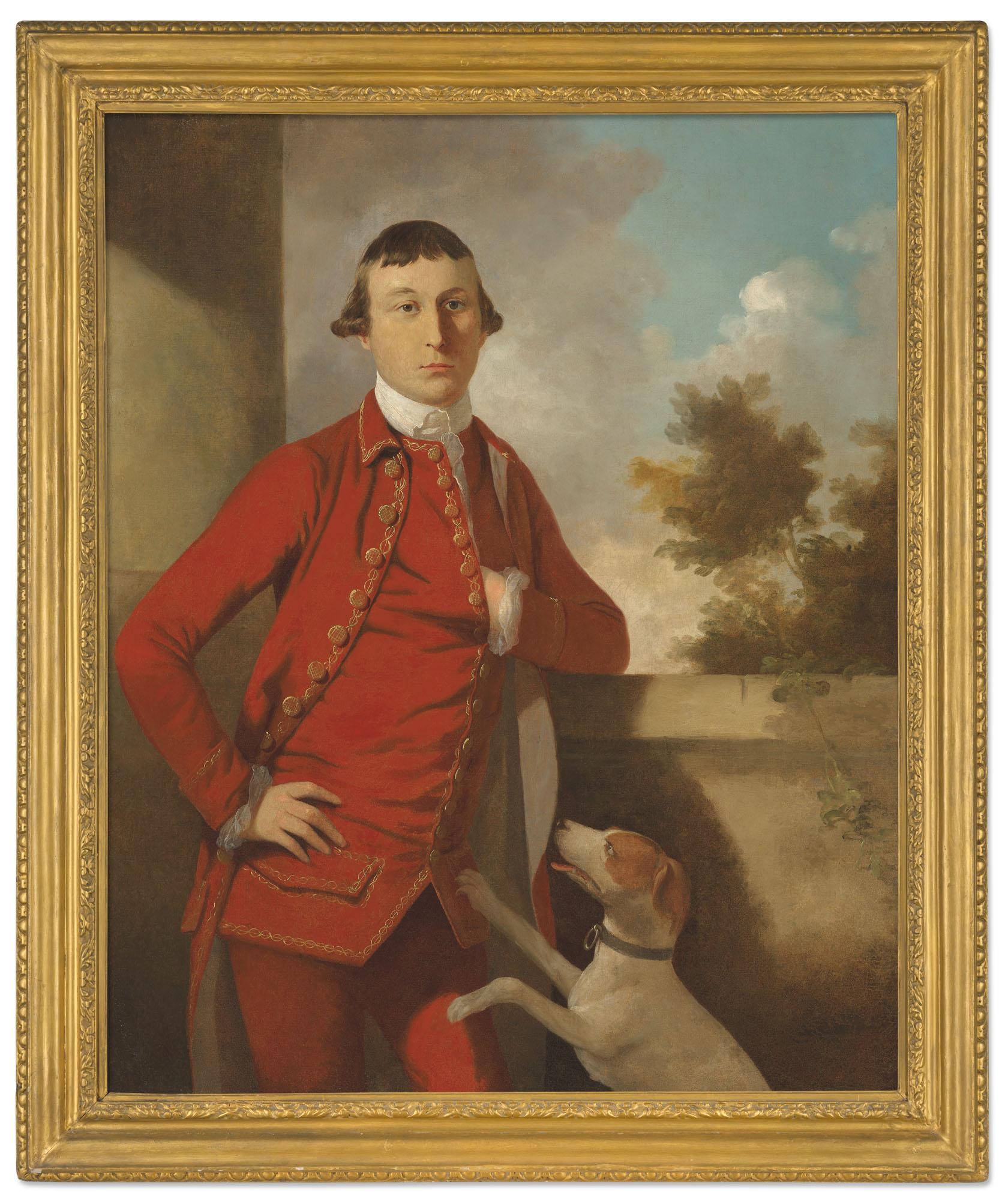 Tilly Kettle - Portrait of a gentleman, a member of the Oman family, three-quarter-length, in a red suit, with a dog