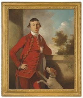 Tilly Kettle - Portrait of a gentleman, a member of the Oman family, three-quarter-length, in a red suit, with a dog