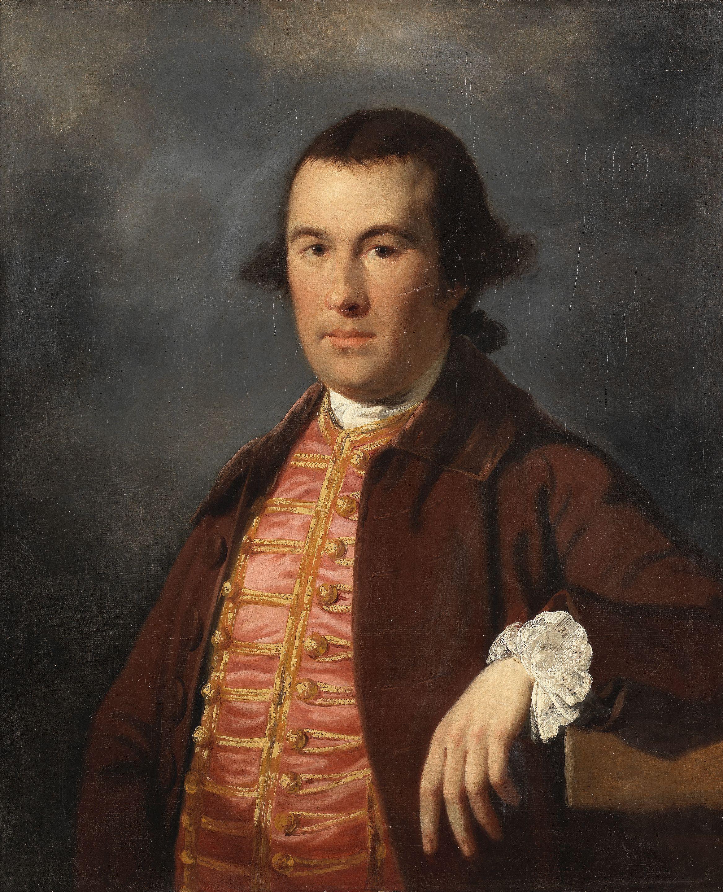 Tilly Kettle - Portrait of a gentleman, half-length, in a brown coat and pink and gold waistcoat