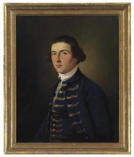 Tilly Kettle - Portrait of a young man, half-length, in blue coat and waistcoat with gold embroidery