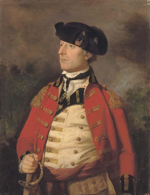 Tilly Kettle - Portrait of an officer, half-length, in military uniform, a sword in his right hand, in a landscape