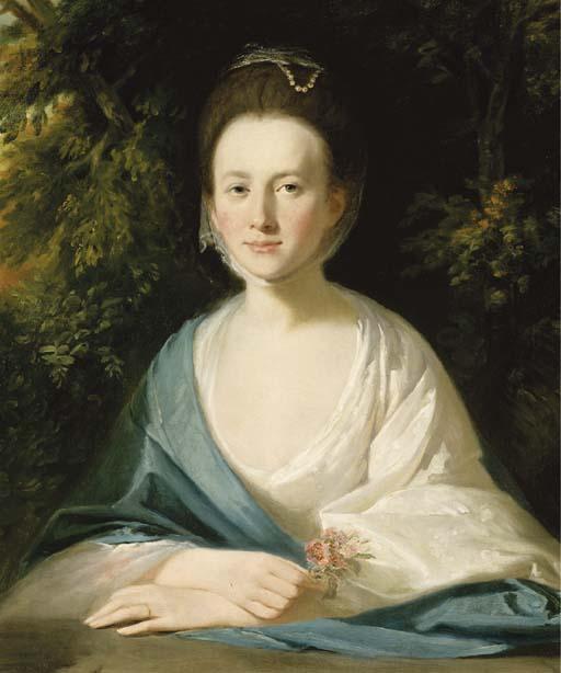 Tilly Kettle - Portrait of Miss Hippisley, Half-Length, In A White Dress And Blue Shawl, Holding A Bunch of Flowers