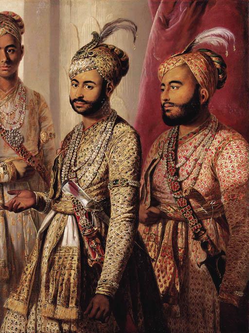 Tilly Kettle - Portrait of Umdat-ul-Umara and Amir-ul-Umara, the two sons of Nawab Muhammad Ali Khan of Arcot and the Carnatic, three-quarter-length, wearing embroidered costumes, plumed turbans and jewellery.
