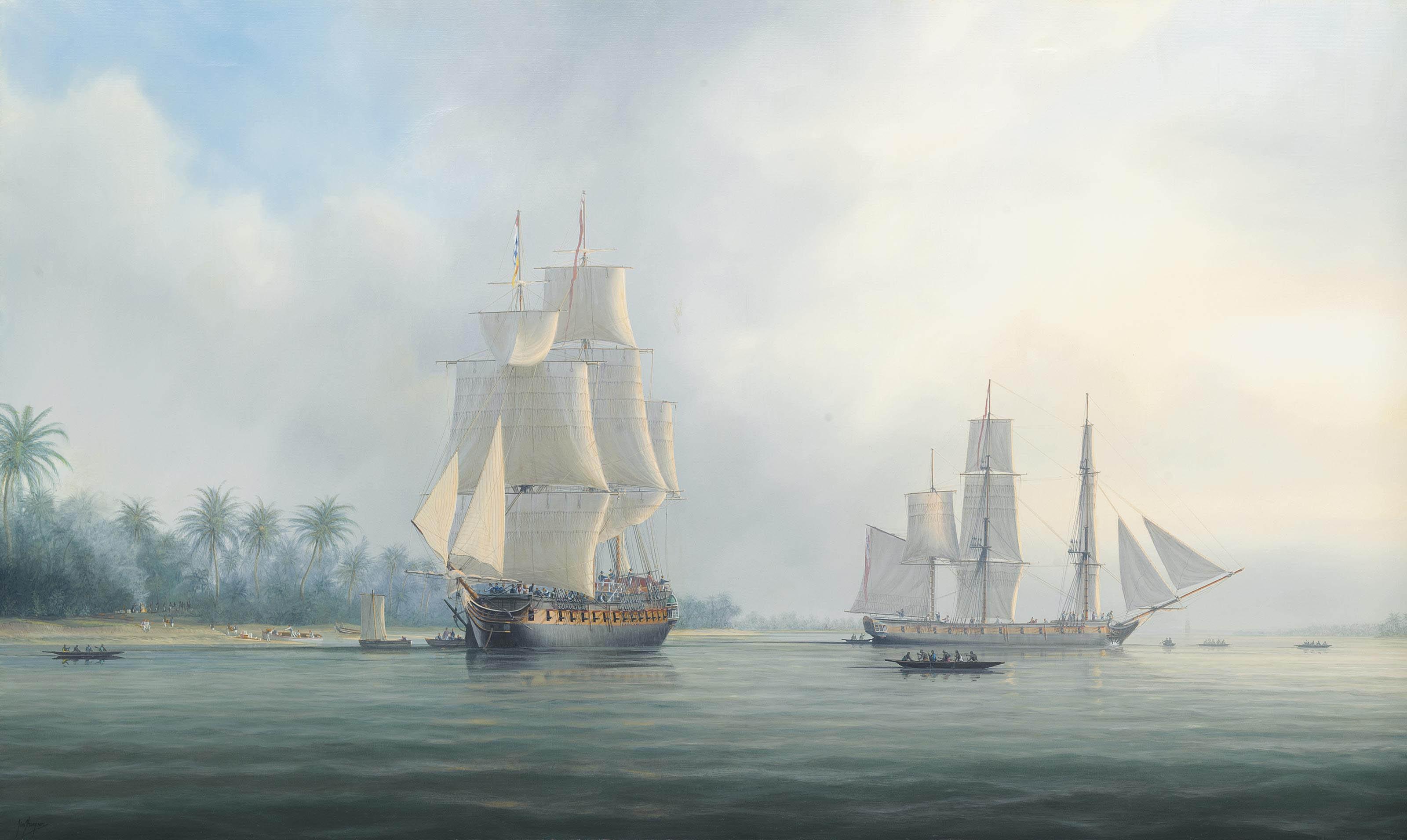 Tim Franklin Ross Thompson - British ships lying off a settlement on the banks of the River Niger