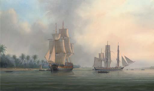 Tim Franklin Ross Thompson - British Ships Lying Off A Settlement On The Banks of The River Niger