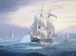 Tim Franklin Ross Thompson - H.M.S. Repulse in the Channel off the Eddystone Lighthouse with the Plymouth fishing fleet returning home