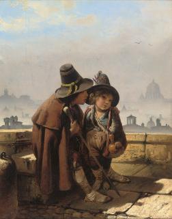 Timoleon Karl Von Neff - Two street urchins on a rooftop with a panorama of Rome beyond
