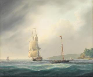 Timothy Franklin Ross Thompson - A Royal Navy brig running past the castle at Cowes with a cutter moored inshore making ready to sail