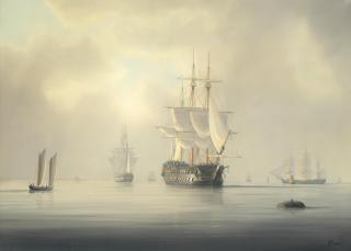 Timothy Franklin Ross Thompson - Two-deckers drying their sails at anchor in Spithead, with other ships of the fleet beyond
