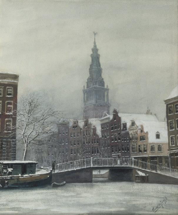 Tinus de Jongh - Wintersday in Amsterdam, the Zuidertoren beyond