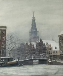 Tinus de Jongh - Wintersday in Amsterdam, the Zuidertoren beyond