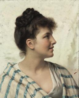Tito Conti - A young lady, bust-length, in a blue and white shawl